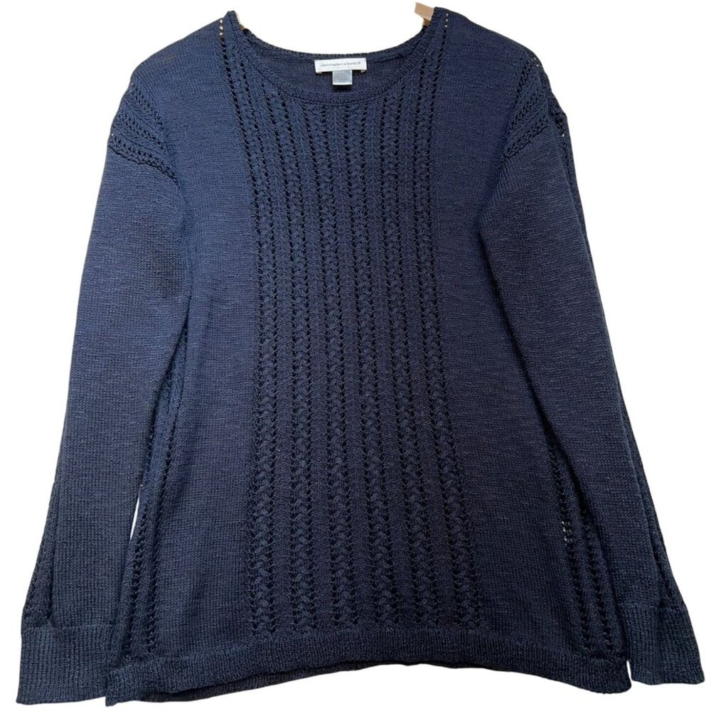 Christopher & Banks Womens Pointelle Knit Pullover Sweater Long Sleeve Sz L Navy